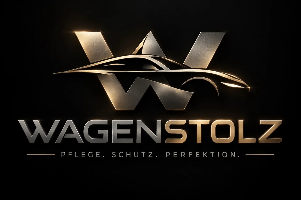 Das WAGENSTOLZ-Logo mit metallischem W und Fahrzeugsilhouette. Pflege. Schutz. Perfektion.